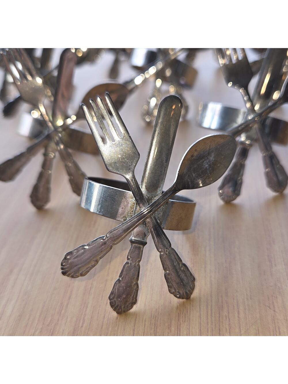 Vintage‎ AUDREY Silver Plated Napkin Rings Mini Fork Knife Spoon Set of 10